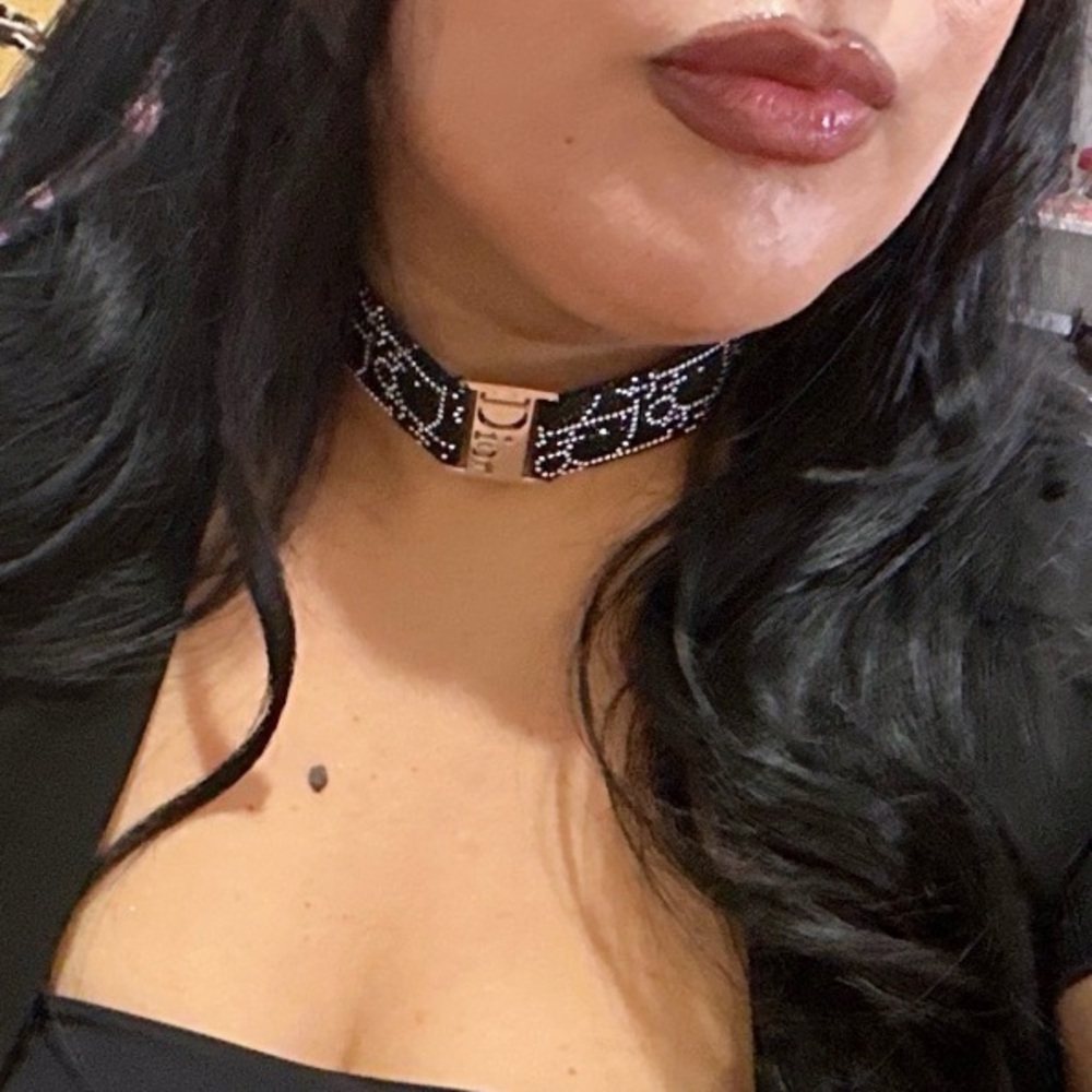 RARE Dior Leather Rhinestoned Choker Necklace - Picture 1 of 10